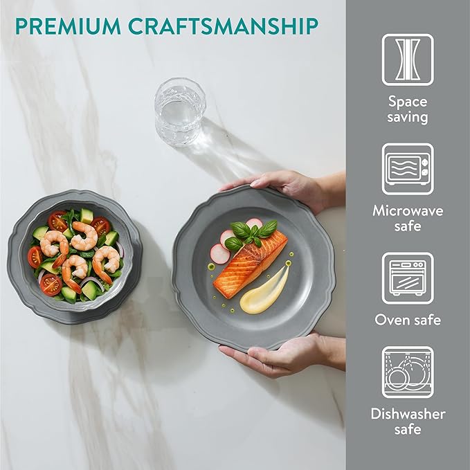 Navaris Scandi Style Porcelain Dinnerware Set - Ceramic Crockery Sets for 6 - Stackable Dishes with Dinner and Salad Plates Cereal Bowls - Dishwasher & Microwave Safe - 18pcs Grey