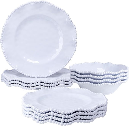 12-Piece White Beaded Melamine Dinnerware Sets – Chip-Resistant Plates & Bowls, Farmhouse Dining Set includes 4 dinner, 4 Salad and 4 Bowl – Ideal for RV, Cabin, Daily Use
