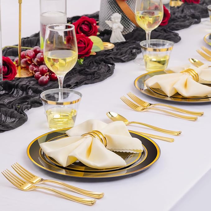 bUCLA 300PCS Black and Gold Disposable Dinnerware Set - 50 Guests Black Plastic Plates with Gold Rim Include 50 Dinner / 50 Dessert Plates, 50 Forks,50 Knives,50 Spoons&50 Cups for Party&Halloween