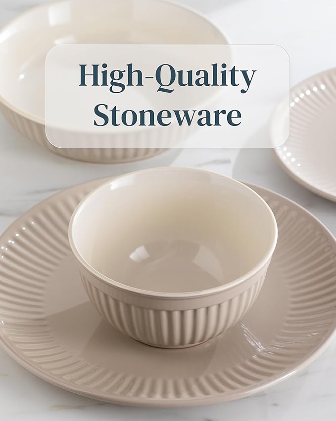 Stoneware Dinnerware Set for 4 People HYGGE 12-Piece - Elegant Scandi Design - Premium Dish Set - Bowl and Plate Set - Tableware for 4 People in a Ribbed Design - Pure Living in Light Brown