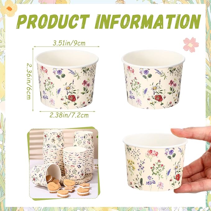 50 Pack Wildflower Treat Snack Cups Floral Paper Ice Cream Cups 9 oz Summer Flowers Disposable Dessert Bowls Paper Soup Bowls for Hot or Cold Food Wedding Baby Shower Birthday Party Supplies