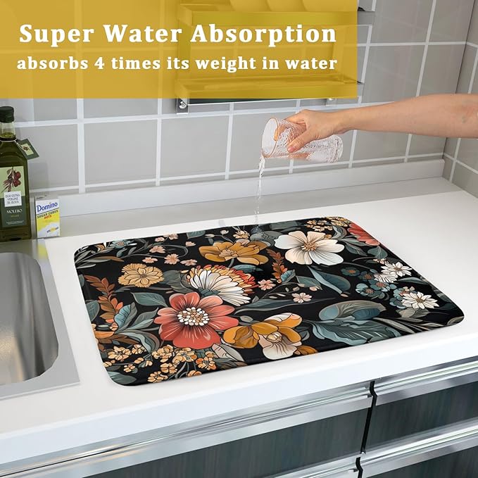 Vintage Floral Dish Drying Mat 18x24 inch Boho Flower Drainer Mats Fast Dry Absorbent Washable Dish Rack Pad Protector Kitchen Accessories