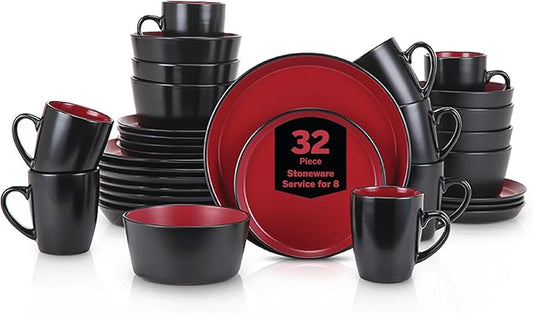 Stone Lain Albie Stoneware 32 Piece Dinnerware Set, Plates and Bowls Sets, Dish Set for 8, Red and Black, Microwave & Dishwasher Safe