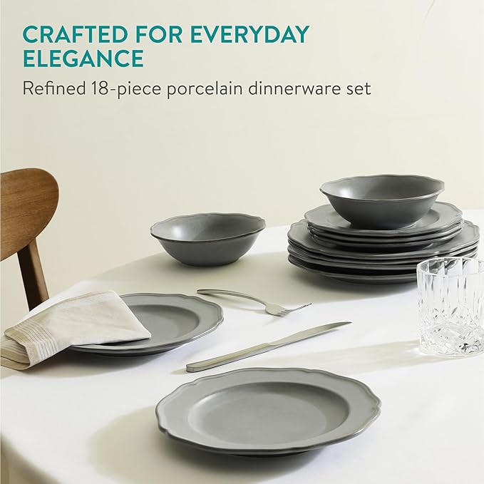 Navaris Scandi Style Porcelain Dinnerware Set - Ceramic Crockery Sets for 6 - Stackable Dishes with Dinner and Salad Plates Cereal Bowls - Dishwasher & Microwave Safe - 18pcs Grey