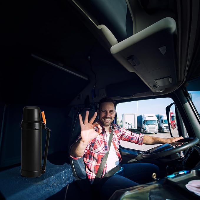 88oz Large Coffee Thermo for Travel, 2500ml Insulated Stainless Steel Water Bottle with Cup and Handle, Water Jug for 24hr Hot and Cold drinks, Vacuum Flask for Camping, Fishing & Working, Black