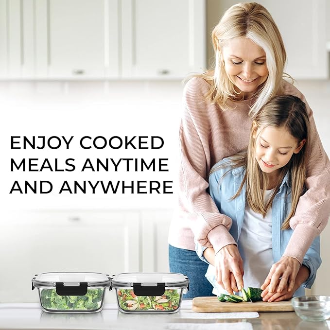 Razab 2 PC 1200ML / 42 Oz Glass Food Storage Containers with Lids - Airtight & Leakproof - Microwave/Oven/Freezer Safe - BPA Free - Ideal for Meal Prep, Storing Leftover & Lunch