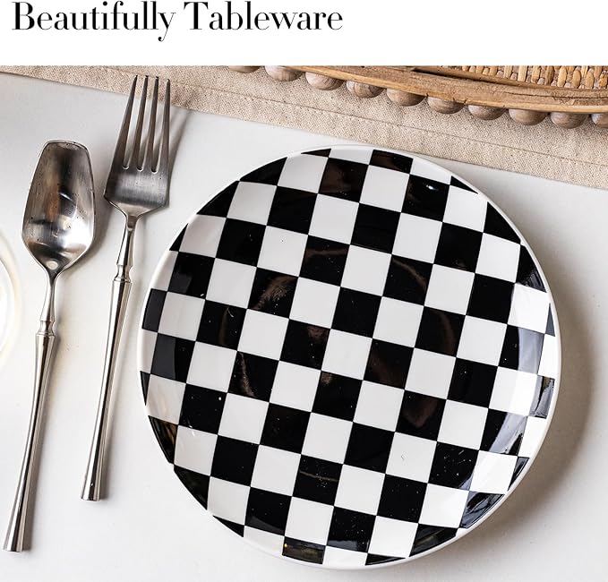 Ceramic Dinner Plates Set of 6-8 Inch Checkered Salad Plates, Microwave, Oven & Dishwasher Safe, Modern Minimalist Dessert Plates Geometric Black and White Plates for 6