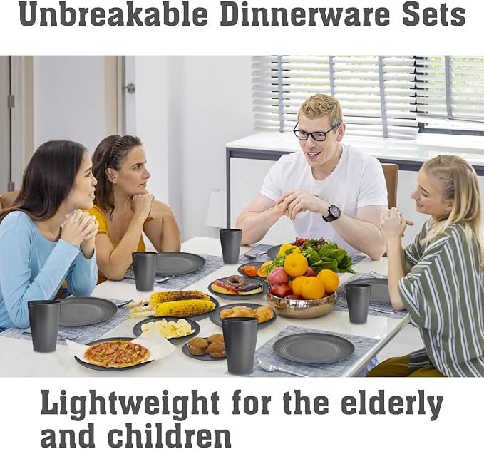 Grey Cups and Plates Sets for Kitchen Plates and Bowls Set, Dishware Sets for 8 Kids Plate Non Toxic Unbreakable and Lightweight,32pcs Halloween Plastic Dinnerware Set, Dishwasher and Microwave Safe