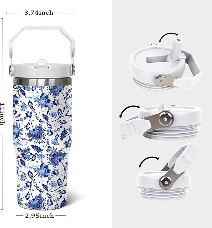 30oz Floral Tumbler – Blue and White Stainless Steel Insulated Travel Mug – Elegant Coffee Cup with Handle Lid – Gift for Women, Mom, Friends, Teachers