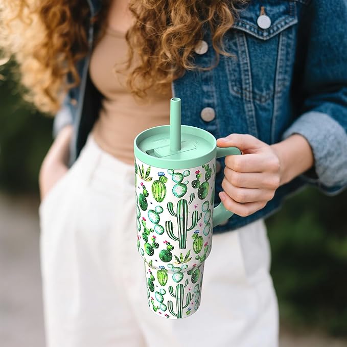 TILUCK 40 oz Tumbler with Handle, Vacuum Insulated Stainless Steel Travel Mug with 100% Leak-Proof Silicone Straw Lid, Cupholder Friendly Water Bottle(Cactus, 40oz)