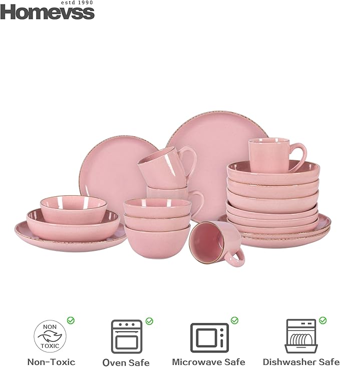 HomeVss 20-Piece Dinnerware Set - Serves 4, Shiny Glaze Pink with Speckle Effect Plates & Bowls Set | Microwave & Dishwasher Safe