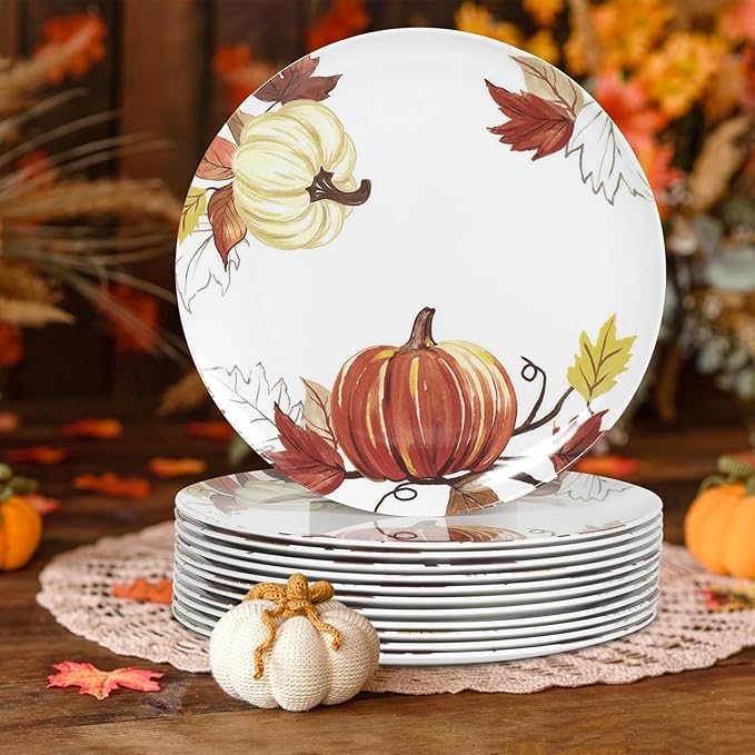 12pcs ‌Melamine Dinner Plates,10 Inch ‌Pumpkin & Autumn Leaf Decorations Plate,Reusable Melamine Dishes Set for Thanksgiving & Fall Decor‌ Party, Ideal for Salad,Dessert,Fruit and Cakes