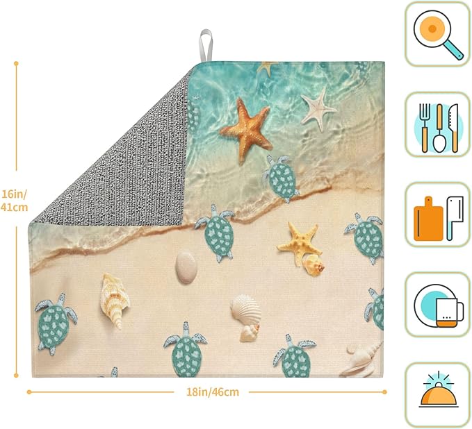 Sea Turtles Beach Dish Drying Mat for Kitchen Counter Washable Absorbent Reversible Microfiber Teal Nautical Decor Drying Pad Kitchen Accessories 16x18 Inch Yellow