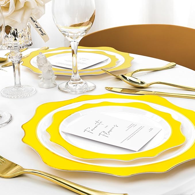 100 PCS White and Yellow Disposable Plates for 50 Guests, Scalloped Plastic Plates Include 50 Dinner Plates and 50 Dessert Plates for Party, Wedding