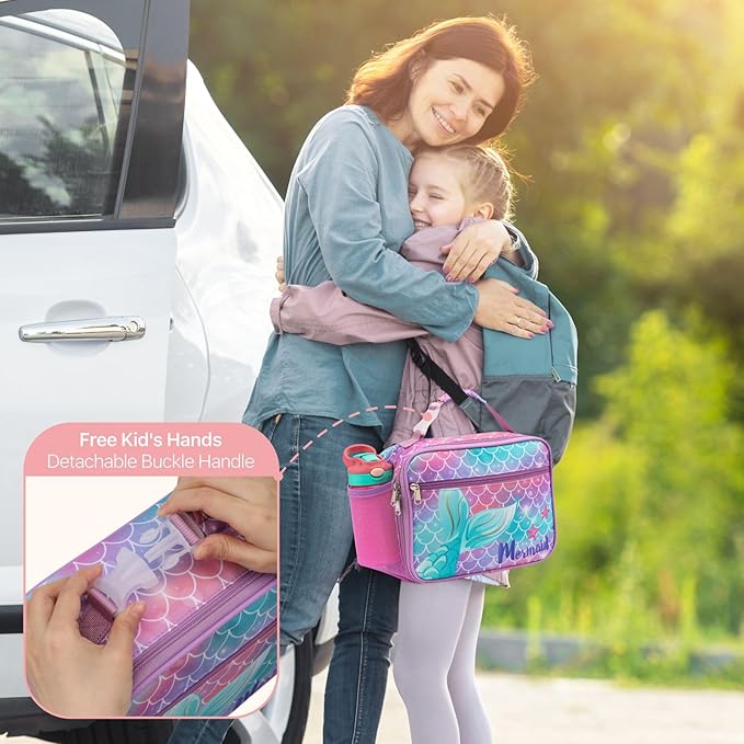 Bagseri Kids Lunch Bag Girls - Kids Lunch Box for Girls Reusable Insulated Lunch Bag with Water Bottle Holder Toddler Lunch Box for Daycare and School, Purple Mermaid Tail (Water Bottle Not Included)