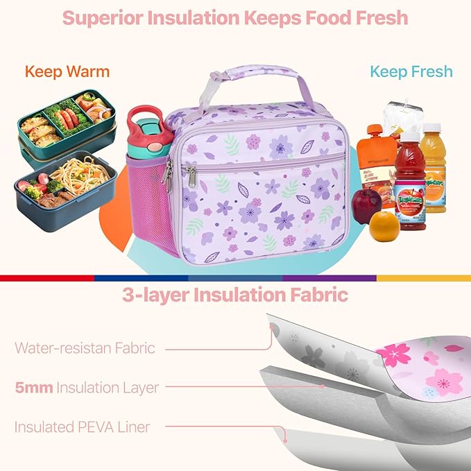 Bagseri Kids Lunch Bag for Girls - Insulated Kids Lunch Box for Daycare and School Reusable Meal Tote Bag with Water Bottle Holder, Easy-Clean Water-Resistant Fabric, Purple Floral