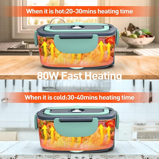 APSARAS Electric Lunch Box 60-80W Food Heater, 3in1 Ultra Quick Heated Lunch Boxes for Adults, 12V/24V/110V Portable Food Warmer for Car/Truck/Office With SS Fork Spoon and Insulated Carry Bag(green)