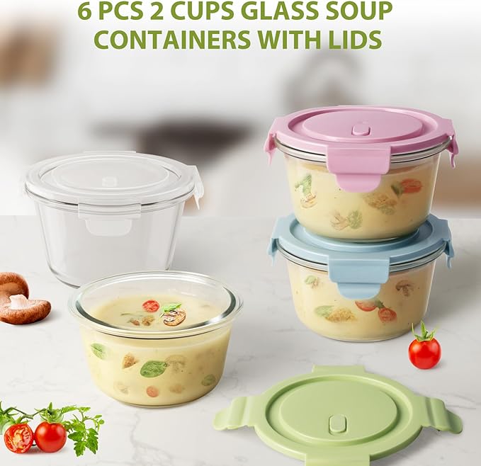16oz Glass Meal Prep Containers with Lids, Airtight 2 Cup Glass Food Storage Containers Set, Heat-Resistant BPA-Free Container for Soup, Leftovers, Microwave, Oven, Dishwasher & Freezer Safe (6 Packs)