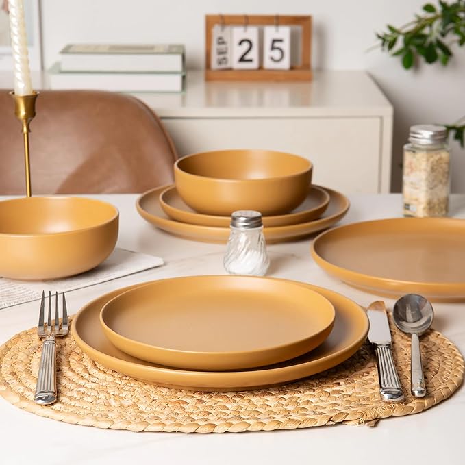 12-Piece Matte Orange Dinnerware Set,Stoneware Dinnerware for 4, Microwave & Dishwasher Safe, Stackable Design for Kitchen and Dining - Plates and Bowls