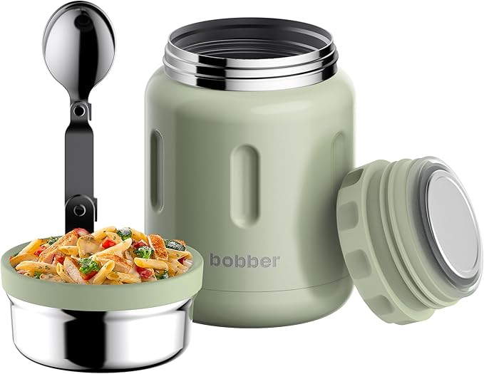 BOBBER 24 oz Insulated Stainless Steel Thermos for Hot Food, Extra-Wide Mouth Soup Container with Spoon and Bowl - Keeps Rice and Pasta Hot for 14 Hours and Salads Cold for 20 Hours (Green)