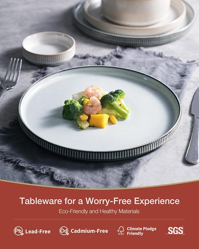 Famiware Star Dinnerware Set, Plates and Bowls Sets for 8 (24pcs), Ribbed Stoneware Dishes - Chip & Scratch Resistant, Microwave & Dishwasher Safe, Multicolor - Cappuccino White & Smoky Blue