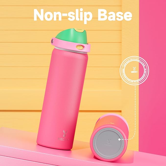 32 oz Insulated Water Bottle for Women: Meoky Stainless Steel Water Bottle with 2-in-1 Straw and Spout Lid - Leak Proof, Cold for 24 Hours, Protective Silicone Base, BPA-Free for Sports Gym, Ruby