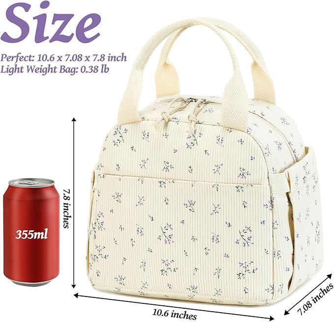 BTOOP Lunch Box for Women Men Cute Corduroy Lunch Bags Large Capacity Insulated Lunch Tote Bag For Work Travel Or Picnic (Purple-Flower)