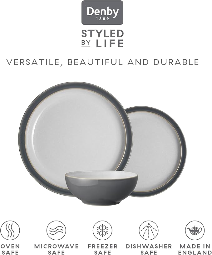Denby - Elements Fossil Grey Dinner Set For 4-12 Piece Simple Ceramic Stoneware Tableware Set - Dishwasher Microwave Oven Safe - Scratch Chip Resistant