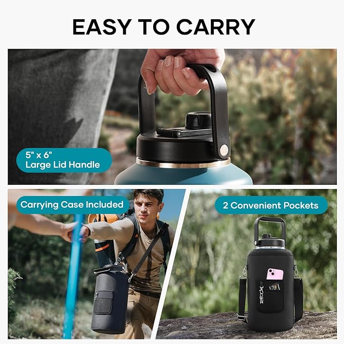 BUZIO 2 Gallon Water Bottle Insulated, (Cold for 48 Hrs) 256oz Extra Large Water Jug Stainless Steel, 4.4in Big Wide Mouth Leak Proof Metal Flask with Handle for Camping,Work,Travel, Indigo Black