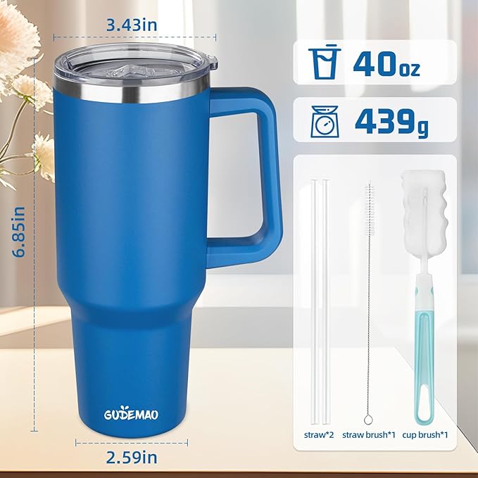 40 oz Insulated Coffee Mug with Ceramic Coating, Stainless Steel Travel Mug Tumbler with Handle Lid and Straw, Double Wall Leak-Proof Coffee Travel Mug Keeps Drink Hot and Cold (Blue)