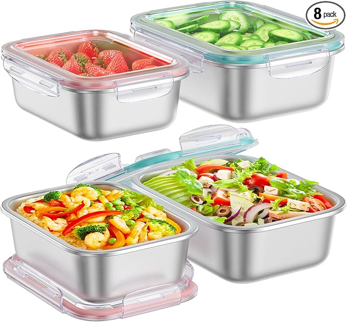 8 PCS Food Storage Containers with Lids Airtight, Stainless Steel Containers Set for Kitchen Storage, Meal Prep, Lunch Containers, Microwave/Dishwasher Safe (41oz & 24oz)
