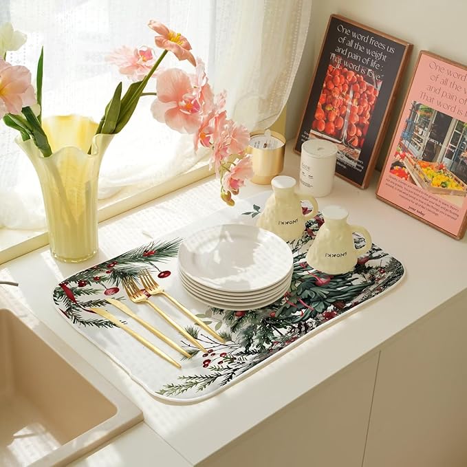 Christmas Dish Drying Mat 18 x 24 inch Winter Christmas Tree Pine Trees Decorative Drying Mats Microfiber Absorbent Xmas Decor Dish Washable Draining Mat for Kitchen Counter