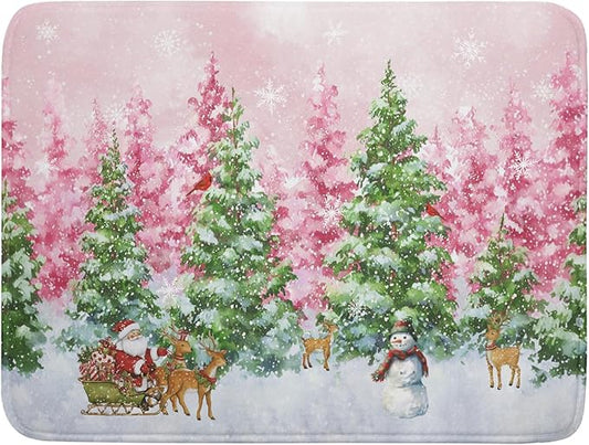 Winter Dish Drying Mats for Kitchen Counter Watercolor Forest Decoration Coffee Mat for Holiday Decor