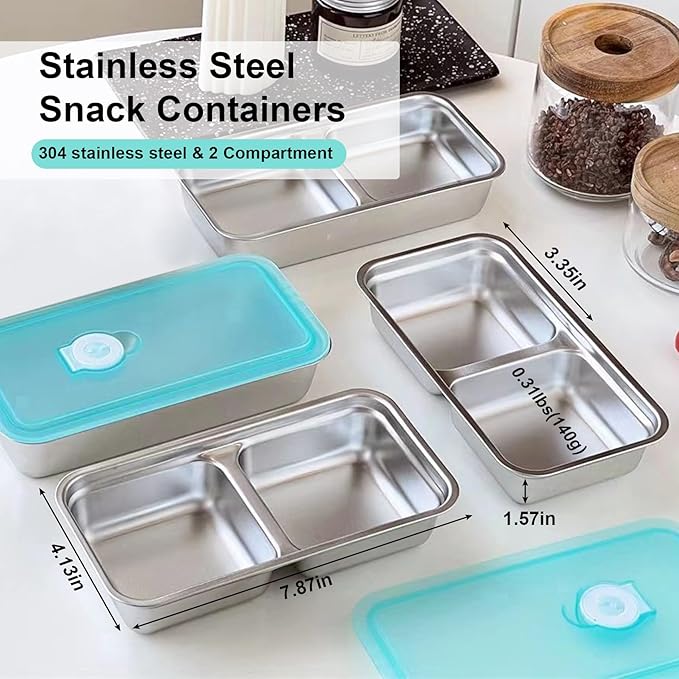 Snack Containers, 4 Pack Reusable Stainless Steel Grab and Go Snack Containers, 2 Compartment Food Storage Containers with Leakproof Lids, Bento Box for Travel, Office, Outdoor, Daily Use