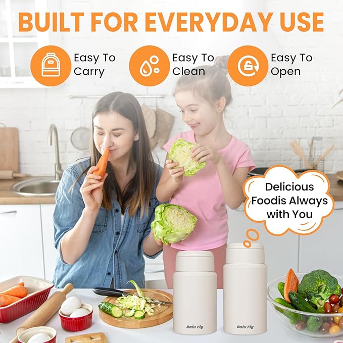 2 Pack Soup Thermo for Hot Food for Adults, Insulated Food Jar, Stainless Steel Vacuum Thermal Lunch Box Containers with Carry Bag and Spoon (18.5oz, 27oz) (White)