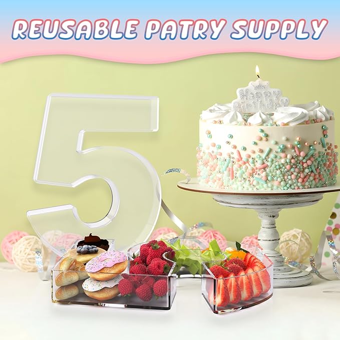 11" Acrylic Number Charcuterie Box, Reusable Fillable Alphabet Number Shaped Form Tray for Birthday Anniversaries, Party Decorative Serving Plates Display Candy Cake (5)