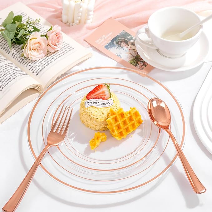 bUCLA 150PCS Clear Rose Gold Disposable Dinnerware set - Rose Gold Plastic Plates Include 25 Dinner / 25 Dessert Plates, 25 Knives, 25 Forks, 25 Spoons, 25 Cups for Party, Wedding & Mother's Day