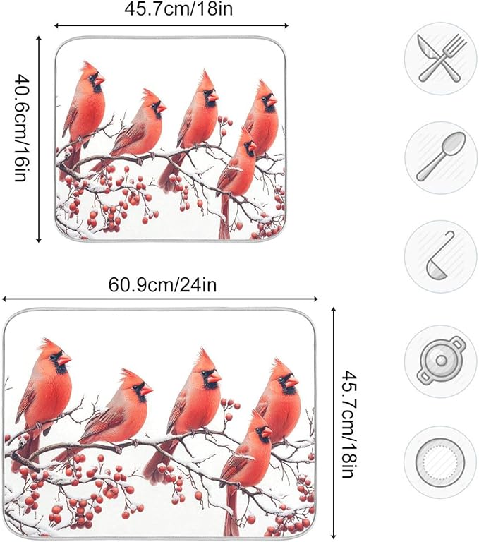 Birds Perched Tree Branches Dish Drying Mat for Kitchen Counter Super Absorbent Dishes Pad Reversible Microfiber Protector Dish Draining Mats 18x24 inch
