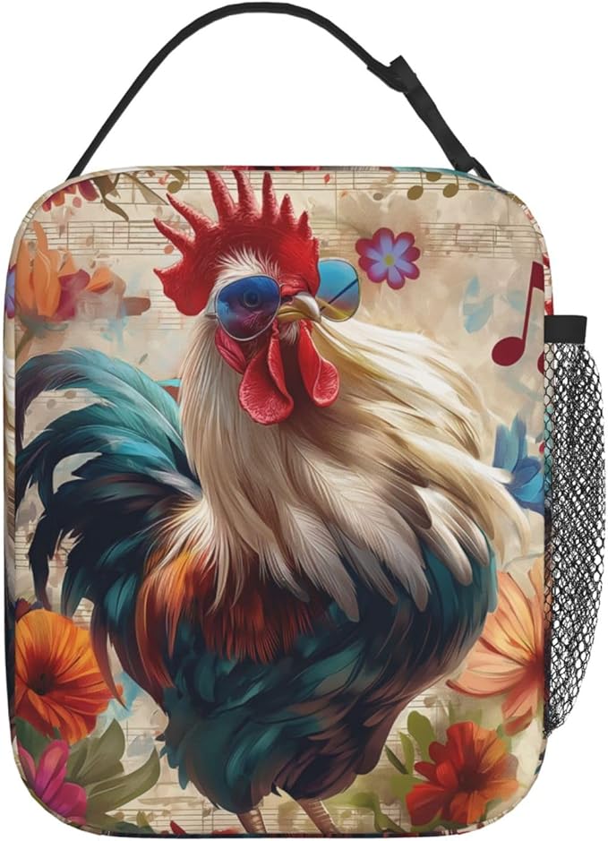 Retro Rooster Print Insulated Lunch Box Gifts for Kids Adults Colorful Farm Chicken and Floral Design Reusable Portable Lunchbox Cooler Lunchbag for Work Picnic School Travel or Hiking