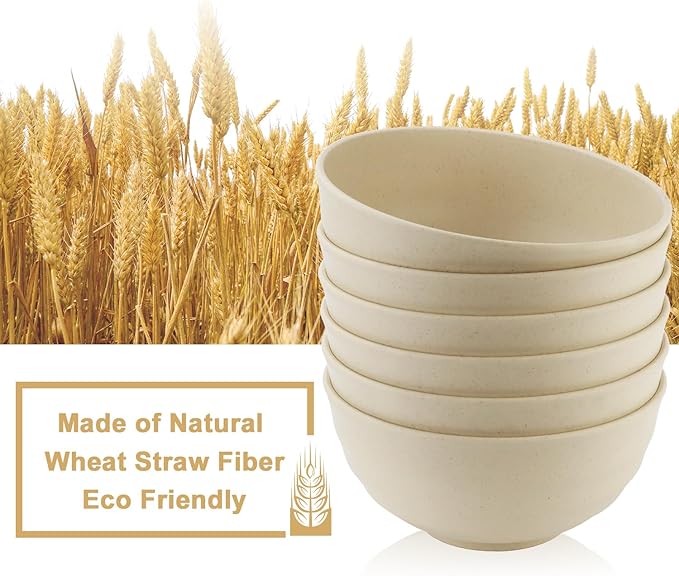 Wheat Straw Bowls 60 OZ Large Salad Bowl Set of 6, Microwave and Dishwasher Safe Plastic Serving Bowls, Unbreakable Kitchen Bowl, Big Bowls for Eating, Soup, Popcorn and Ramen (Beige)