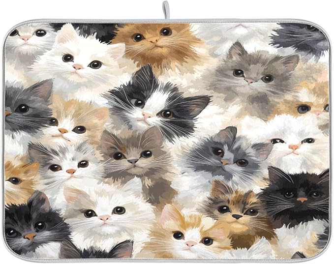 Cat Faces Pattern Dish Drying Mat for Kitchen Counter Super Absorbent Dishes Pad Reversible Microfiber Protector Dish Draining Mats 18x24 inch