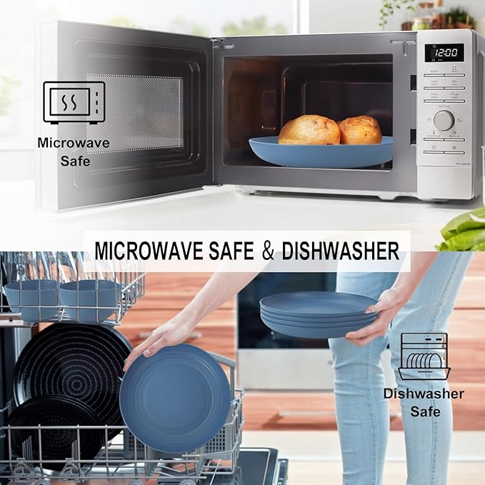 28-Piece Wheat Straw Dinnerware Sets, Microwave & Dishwasher Safe Unbreakable Dinnerware Set, Reusable Dishware Sets, Lightweight Camping Dishes, Plates, Cups, Cereal Bowls for 4 (Navy Blue)