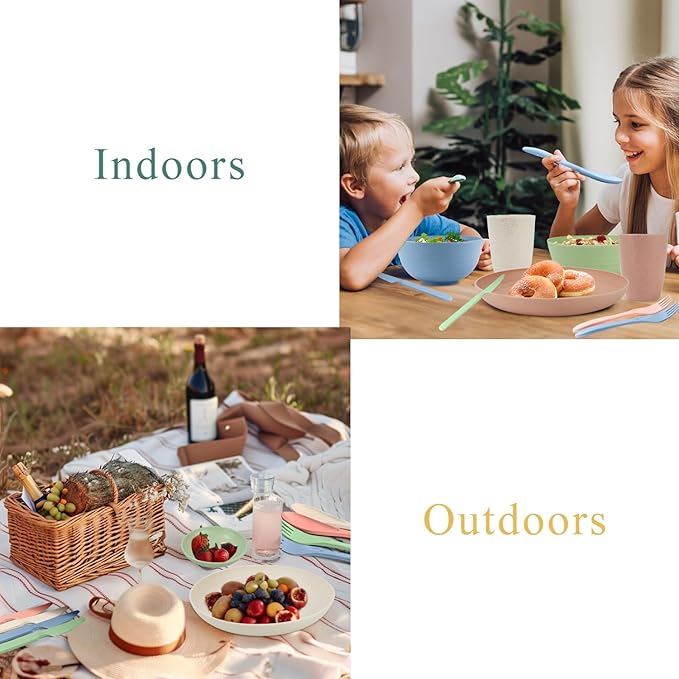 Wrova wheat straw bowls,plates,cups and cutlery sets 28 pcs - Unbreakable Dishwasher Safe dinnerware sets service for 4 - Ideal dish sets for kitchen, camping, indoors and out doors.Nordic