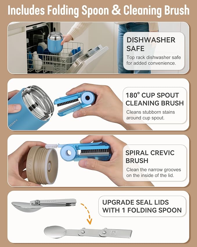 17oz Soup Thermo for Hot Food Adults Insulated Food Jar Thermo Hot Food Lunch Container Wide Mouth Stainless Steel Lunch Box for Kids with Folding Spoon Cleaning Brush Gray Blue