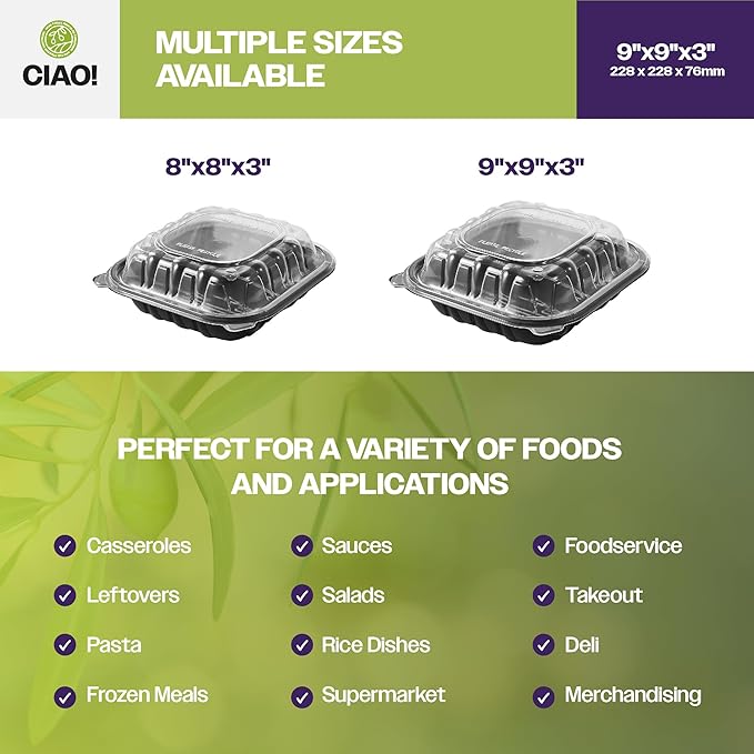 CIAO! 9"x9"x3" Polypropylene Black bottom with Clear Lid Hinged Container 3 Compartment Take Out Container, Microwavable, Recyclable and Reusable, (Case of 150)