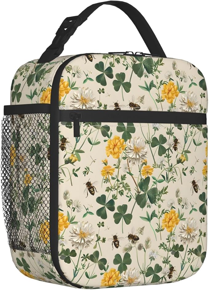 Cheerful Blossoms and Bees Lunch Box for Women Men, Insulated Lunch Box, Reusable Lunch Bag for Office, Work, Picnic, Travel