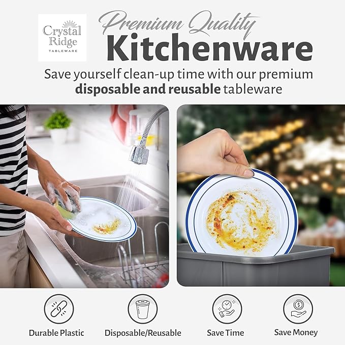 120-Piece Salad Plastic Plates Set - Premium Disposable Plates for Party - White with Blue Rim