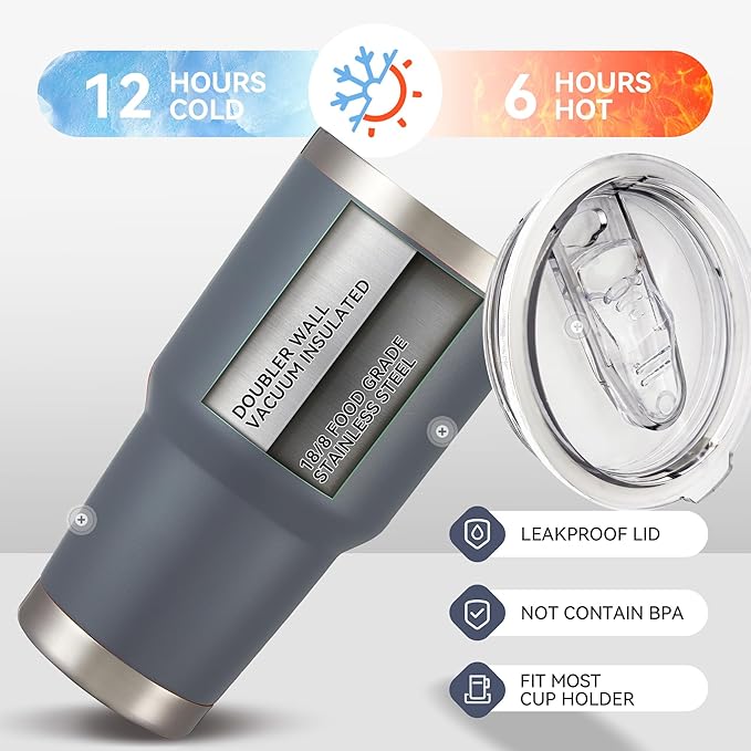 30 oz Tumbler with Lid Stainless Steel Tumblers Bulk Vacuum Insulated Cup Reusable Powder Coated Travel Mug Double Wall Leak Proof Cups Keep Cold Drinks for 12 Hours Gray, Set of 12