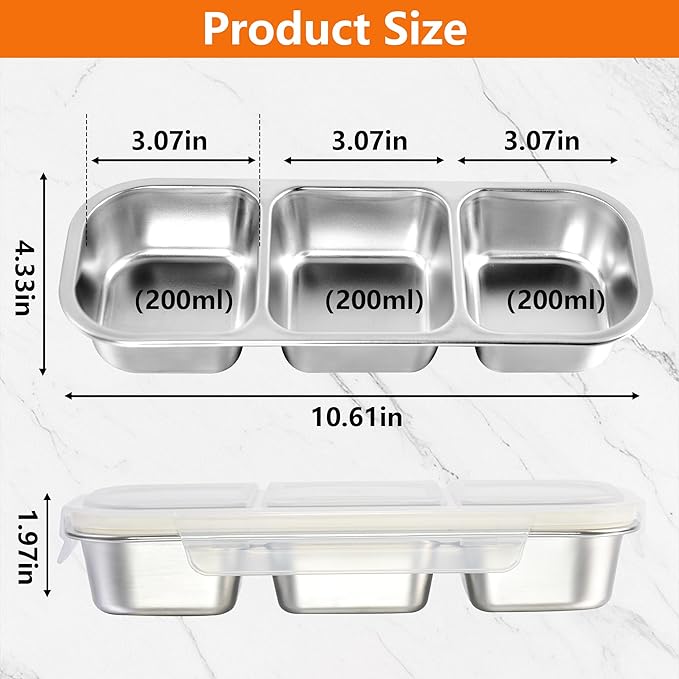 Stainless Steel Snack Containers with Lid, Leakproof 3 Compartment Bento Box, 2Pack Reusable Snackle Box for Travel Home Picnic Work