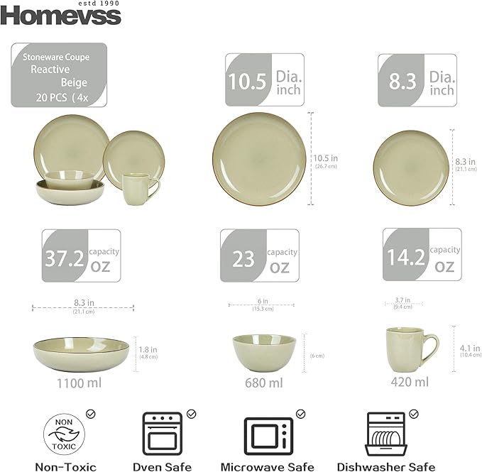 Eur-Nordic Shape Raising Rim 20pc Dinnerware Set, Shiny Glaze Beige with Speckle Effect